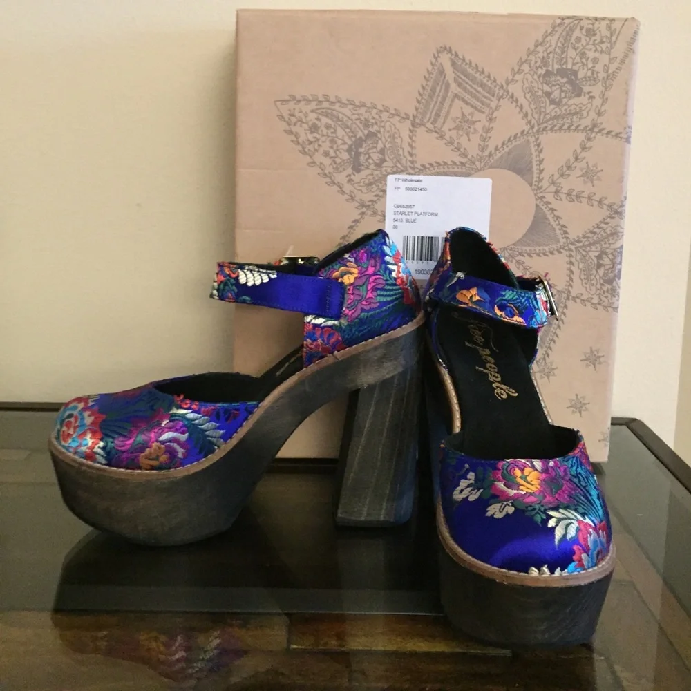 Free People Blue Floral Platform Sandals